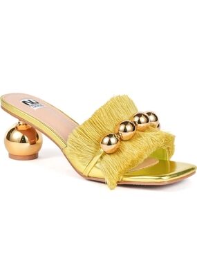 Sizes 4 To 14 Gold Fringe Slide Summer Sandal Mule Bead 2" Heels